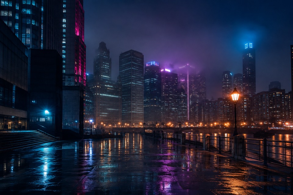 Rainy city at night with restrained neon reflections