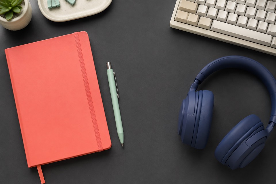 Colorful design objects on a dark desk